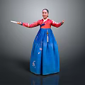 Woman Wearing Traditional Red Top and Blue Skirt Holding Fan with Elegant Gesture