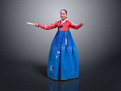 Woman Wearing Traditional Red Top and Blue Skirt Holding Fan with Elegant Gesture 3d model