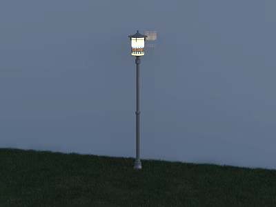Outdoor Light with Silver Pole and White Lampshade Illuminated in Grass Field under Blue Sky 3d model
