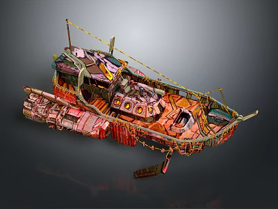 Colorful Vintage Style Cartoon Ship With Wooden Deck Rope Decorations And Cabin Details 3d model