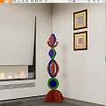 Modern Colorful Circular Stacked Sculpture in Living Room with Fireplace and Wall Art