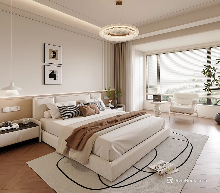 Cozy Bedroom with White Bed Brown Blanket Round Chandelier Wall Art and Large Windows 3d model 
