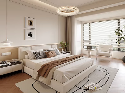 Cozy Bedroom with White Bed Brown Blanket Round Chandelier Wall Art and Large Windows 3d model