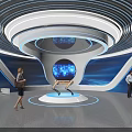 Modern Tech Exhibition Hall With Blue Globe Robot And Visitors In Modern Design