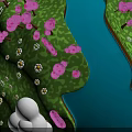 Scenic Green Grassland With Pink Flowers Blue River And White Fluffy Object