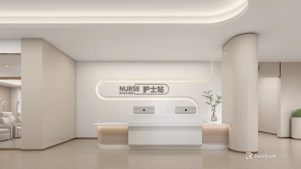Modern Nurse Station Interior Design With Reception Desk And Potted Plant 3d model 