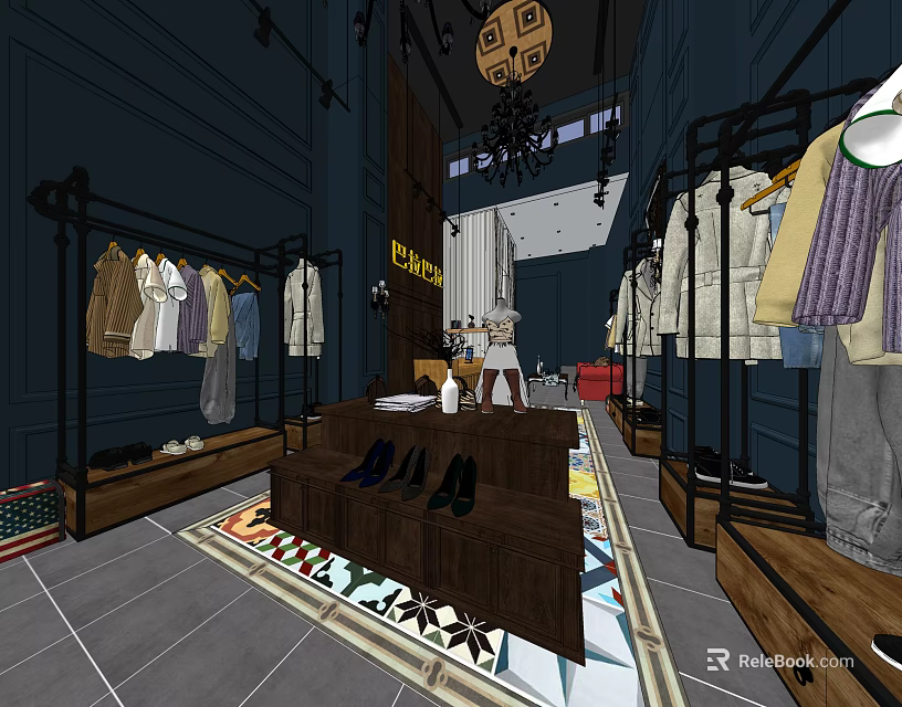 Fashion Clothing Store Interior With Dark Blue Walls Iron Racks Chandelier Displayed Apparel And Shoes 3d model 