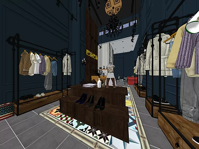 Fashion Clothing Store Interior With Dark Blue Walls Iron Racks Chandelier Displayed Apparel And Shoes 3d model