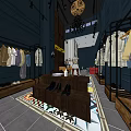 Fashion Clothing Store Interior With Dark Blue Walls Iron Racks Chandelier Displayed Apparel And Shoes