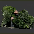 Ancient Church with Red Spire Surrounded by Lush Green Vegetation on Rocky Hillside
