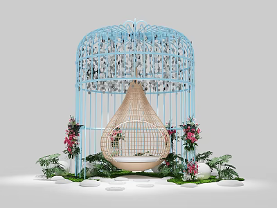 Decorative Blue Birdcage Structure With Beige Hanging Chair Flowers And Green Plants 3d model