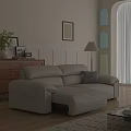 Modern Beige Leather Sectional Sofa In Living Room With Wooden Cabinet Floor Lamp And Artwork