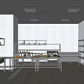 Commercial Kitchen Interior With Stainless Steel Shelves Worktables White Tiled Walls And Ingredients