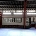 Industrial Interior With Red Trusses High Ceiling Roll Up Door Windows Blue Floor And Staircase