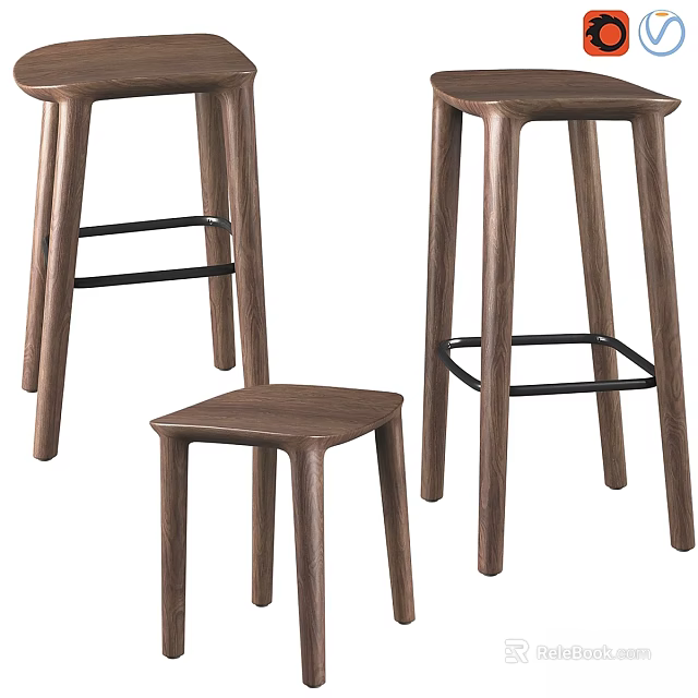 Modern Wooden Stools With Walnut Finish And Black Metal Bars In Various Heights 3d model 