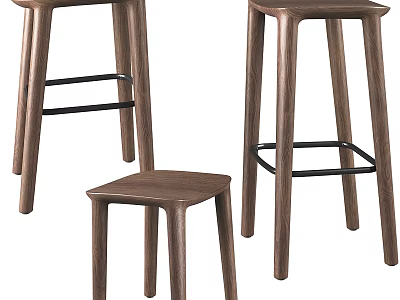 Modern Wooden Stools With Walnut Finish And Black Metal Bars In Various Heights 3d model