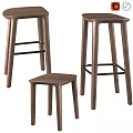 Modern Wooden Stools With Walnut Finish And Black Metal Bars In Various Heights