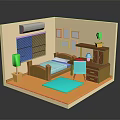 Cartoon Bedroom Scene With Wooden Bed Green Plants Blue Rug Wall Pictures And Air Conditioner