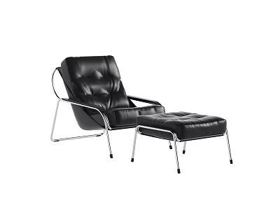 Modern Black Leather Armchair With Tufted Design Metal Frame And Ottoman 3d model