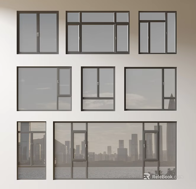 Various Styles Of Casement Windows Installed On White Wall With City View Outside 3d model 