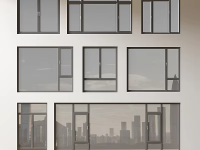 Various Styles Of Casement Windows Installed On White Wall With City View Outside 3d model