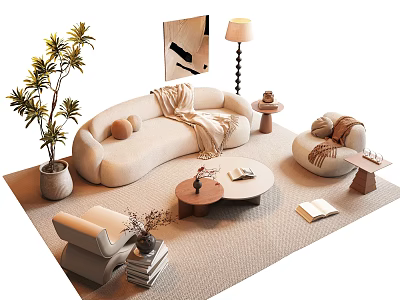 Cozy Modern Sofa Coffee Table Set With Accent Chair Potted Plant Floor Lamp And Pillows 3d model