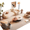 Cozy Modern Sofa Coffee Table Set With Accent Chair Potted Plant Floor Lamp And Pillows