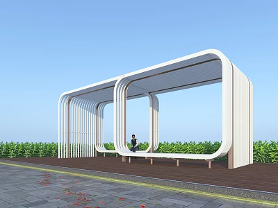 Modern White Pergola With Bench Seating Wooden Floor And Green Plants Against Blue Sky 3d model