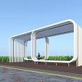 Modern White Pergola With Bench Seating Wooden Floor And Green Plants Against Blue Sky
