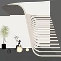 Modern Curved Wooden Staircase With White Walls Black Floor Potted Plant And Decorative Items