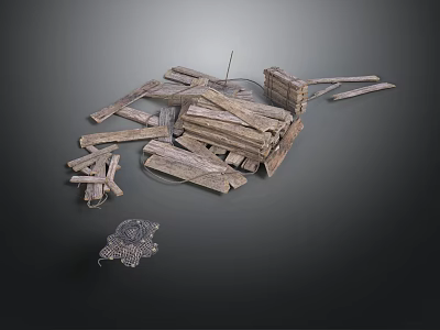 Stacked Wooden Planks And Metal Mesh Construction Components For Decorative Building 3d model
