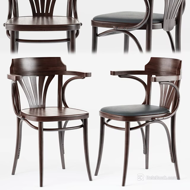 Classic Wooden Armchair With Curved Armrests And Leather Seat Design 3d model 