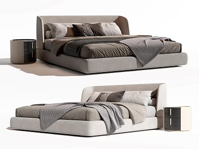 Modern Minimalist Double Bed With Neutral Tones Pillows Blanket And Nightstand 3d model