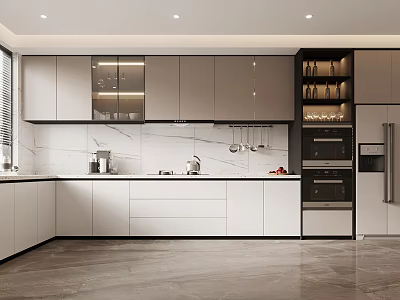 Modern Kitchen Interior Design With White Cabinets Marble Countertops And Built-in Appliances 3d model