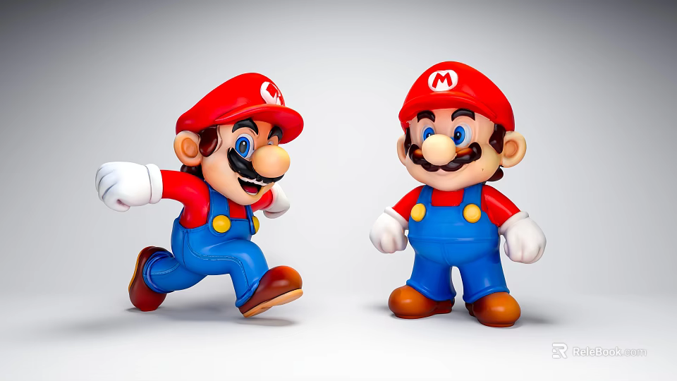 Two Super Mario Game Characters Running And Standing With Red Hats Blue Overalls White Gloves 3d model 
