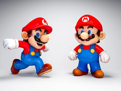 Two Super Mario Game Characters Running And Standing With Red Hats Blue Overalls White Gloves 3d model