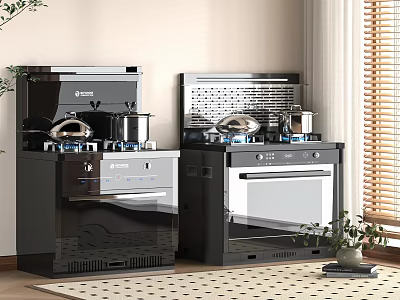 Modern Black Kitchen Appliances With Gas Stove Oven Range Hood And Pots In Interior 3d model