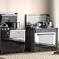 Modern Black Kitchen Appliances With Gas Stove Oven Range Hood And Pots In Interior