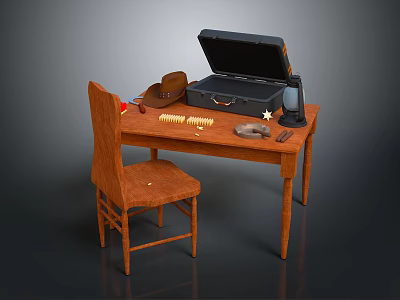 Wooden Table Setup with Daily Living Supplies Chair Brown Hat Comb and Open Case 3d model