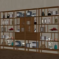 Wooden Shelving Unit with Books Decorative Vases and Shoes in Minimalist Room