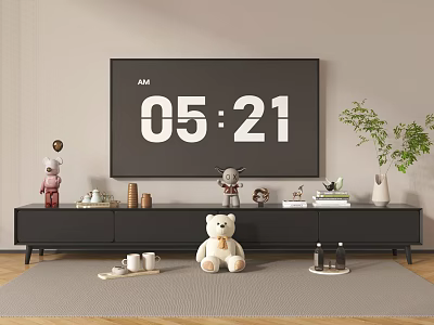 Modern TV Stand in Living Room With Large TV Decorative Items Stuffed Bear Books And Vase 3d model