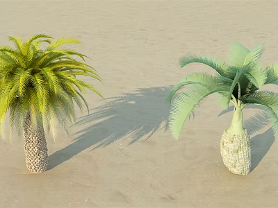 Two Palm Trees With Different Colored Leaves And Textured Trunks On Sandy Ground 3d model