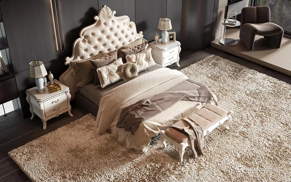 Double Bed with Tufted Headboard Plush Pillows Nightstands Lamps Bench and Shaggy Rug in Modern Bedroom 3d model 
