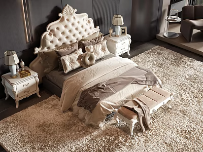 Double Bed with Tufted Headboard Plush Pillows Nightstands Lamps Bench and Shaggy Rug in Modern Bedroom 3d model