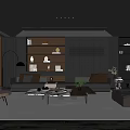 Modern Living Room Interior With Dark Ceiling Wooden Shelves Sofa Coffee Tables And Green Plants
