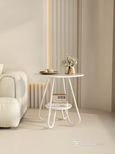 Modern Side Table with Vase Fruit Plate and Books on Lower Shelf Next to Sofa 3d model 