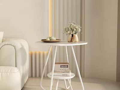 Modern Side Table with Vase Fruit Plate and Books on Lower Shelf Next to Sofa 3d model