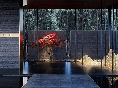 Modern Garden Ornament With Red Maple Tree Bamboo Background Stone Rockery And Black Stone Flooring 3d model