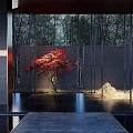 Modern Garden Ornament With Red Maple Tree Bamboo Background Stone Rockery And Black Stone Flooring