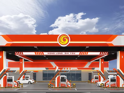 Modern Orange And White Gas Station With Circular G Logo Fuel Dispensers And White Cars 3d model